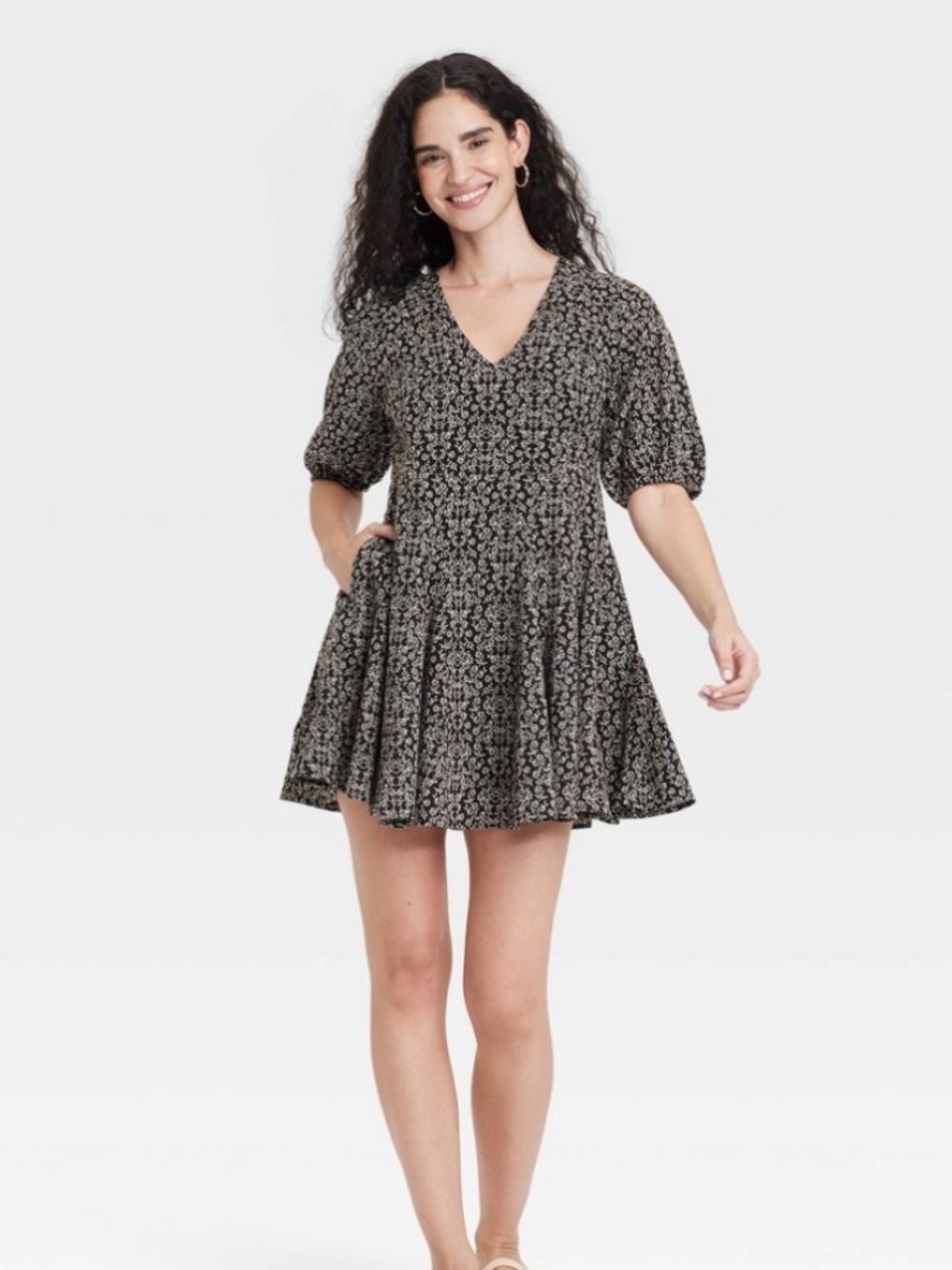 Universal Thread Black Floral V-Neck a line Dress